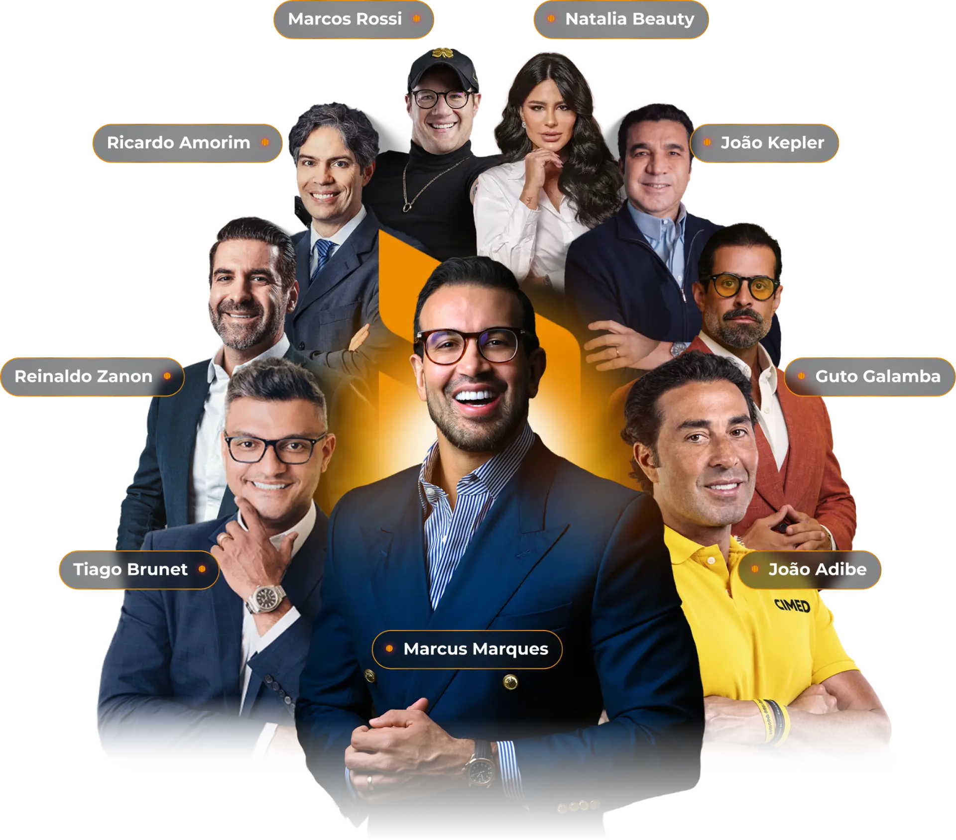 Palestrantes do Acelerador Experience: Marcus Marques, Marcos Rossi, Natalia Beauty, Ricardo Amorim, João Kepler, Reinaldo Zanon, Guto Galamba, Tiago Brunet, João Adibe